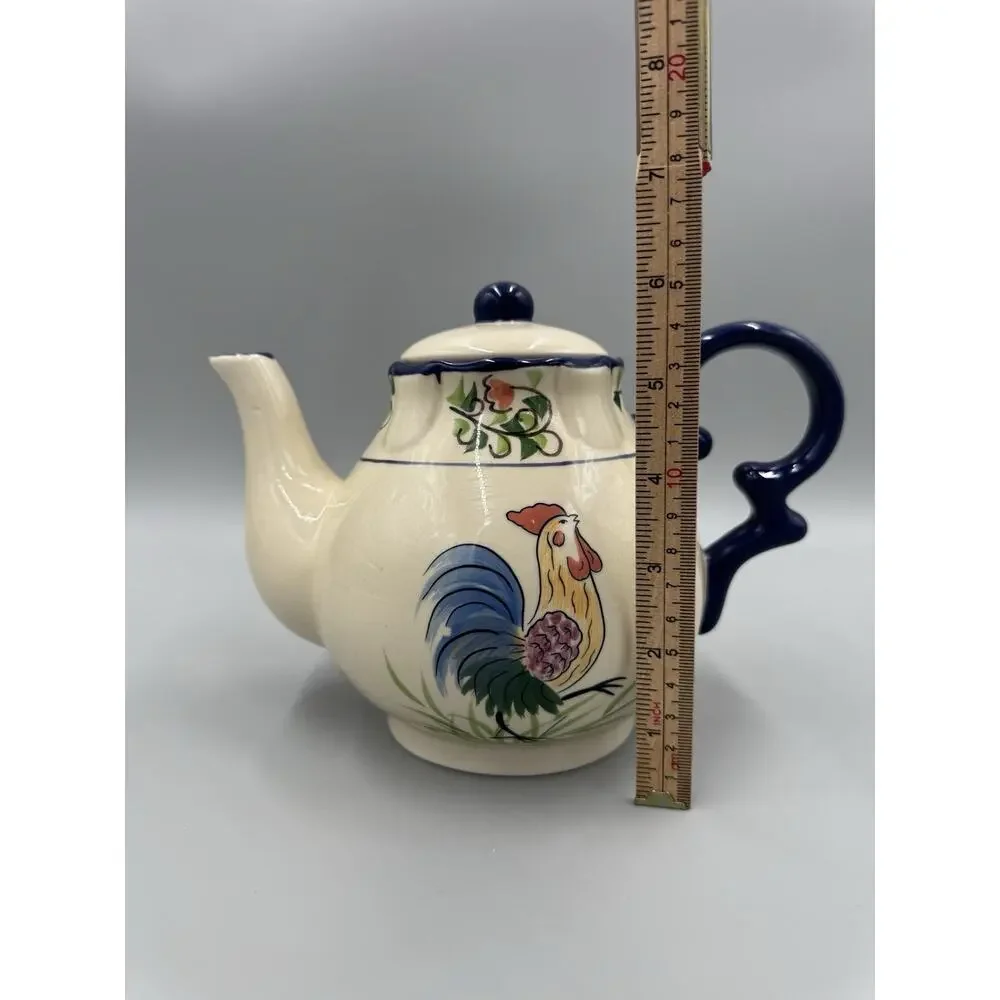 Crackle Barrel Rooster Teapot With Lid Blue Handle